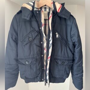 Burberry Adjustable Hood Puffer Jacket Black/Navy Check Lined Coat 14Y Kids (XS)